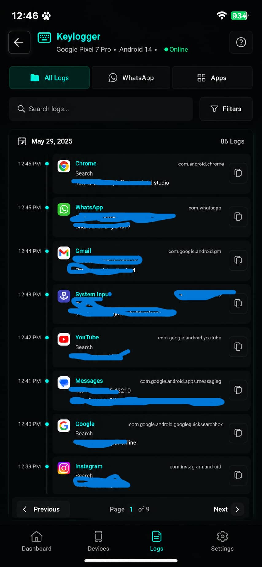 Parental Control dashboard for remote administration and security audits